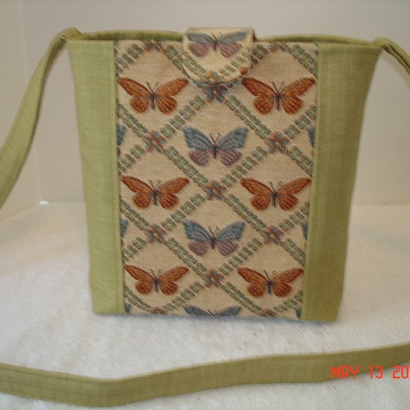 Handmade Cross-Body Bag Handbag Tote Purse Green Butterflies - Picture 1 of 7